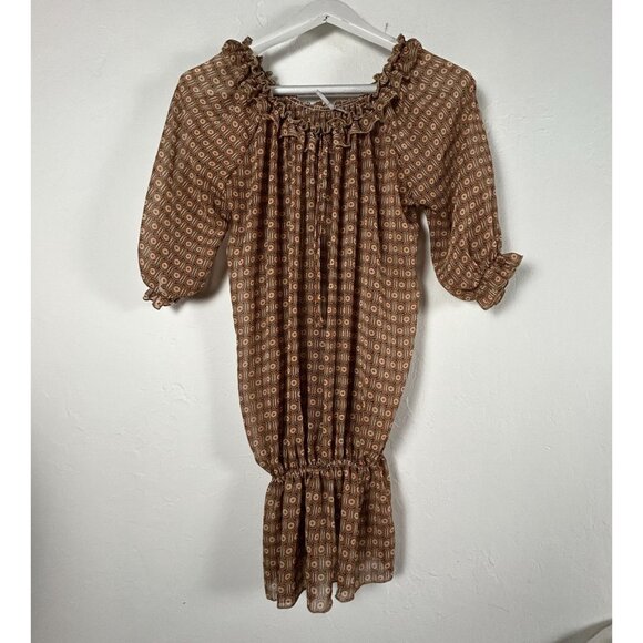 Max Rave Womens Off-Shoulder Smocked Ruffle Tunic Top Blouse Medium Brown Floral - Picture 1 of 8
